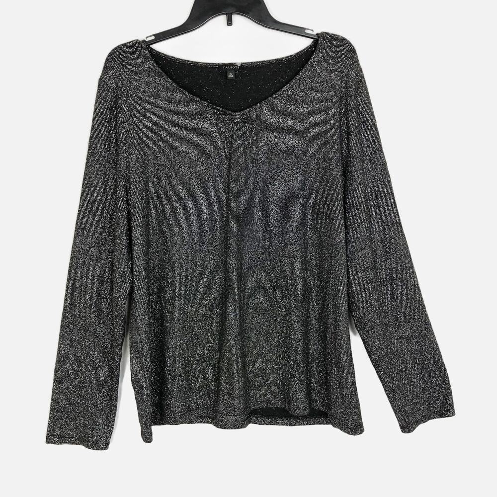 Talbots Womens Blouse XL Black Stretch Sparkle V-Neck Long Sleeve Pullover Top